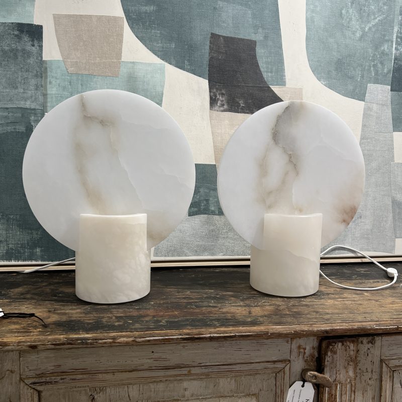 Pair Medium White Alabaster Disc Lamps - Image 3